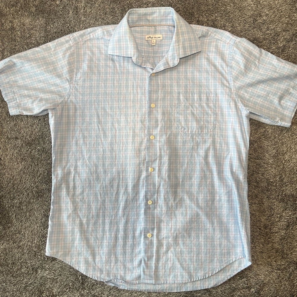 Peter Millar Men's Large Blue Plaid Short Sleeve Button Down Shirt MF19W109CSS